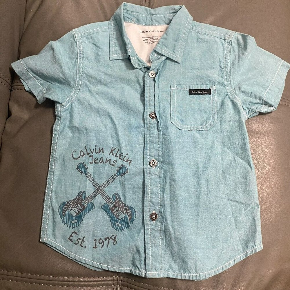 Calvin Klein CK Boys 3T Blue Collared Button Down Dress Shirt Guitar Rock